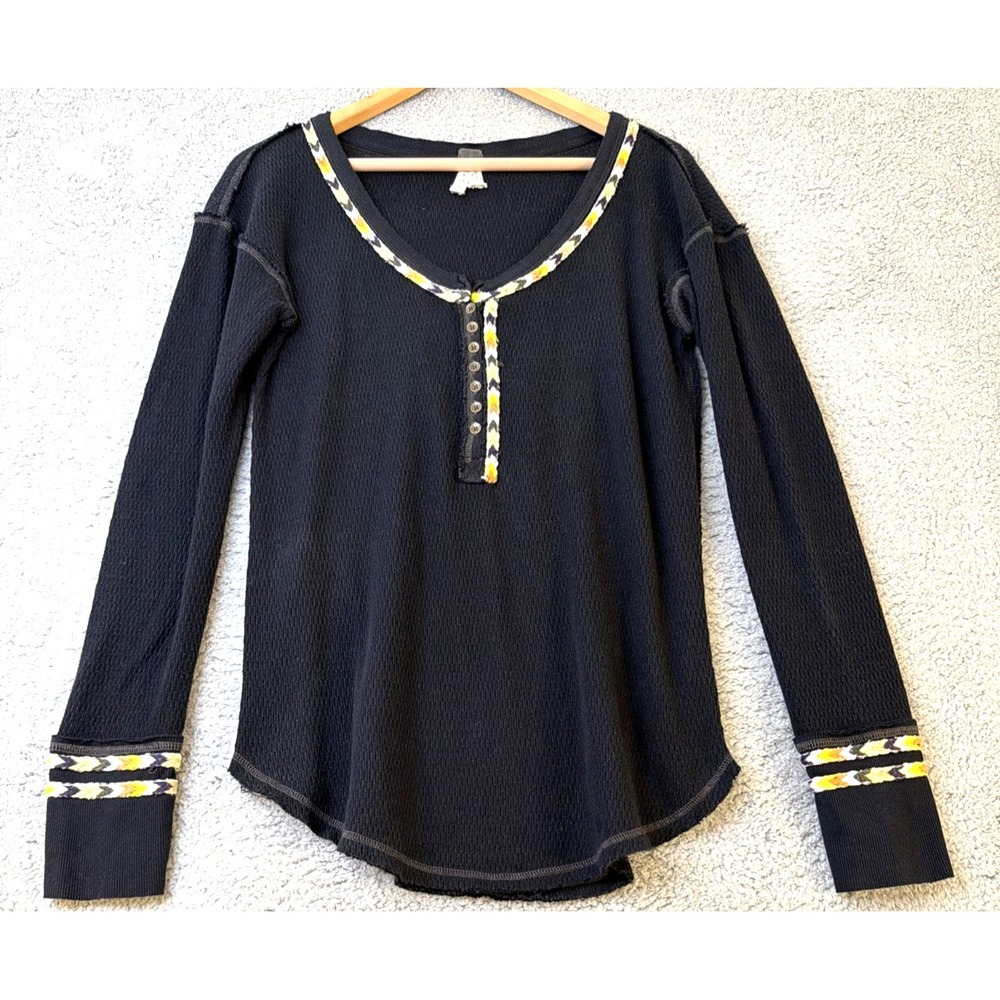 FREE PEOPLE Henley Top Womens Medium Black Rainbow Thermal We The Free Henley